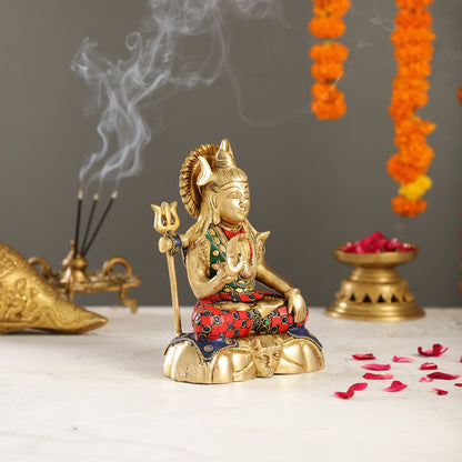 Handcrafted Brass Lord Shiva Statue in Blessing Pose with Stonework | 7" Height