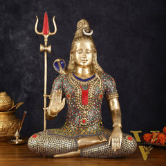 Handcrafted Brass Lord Shiva Statue with Stonework - 20 Inches