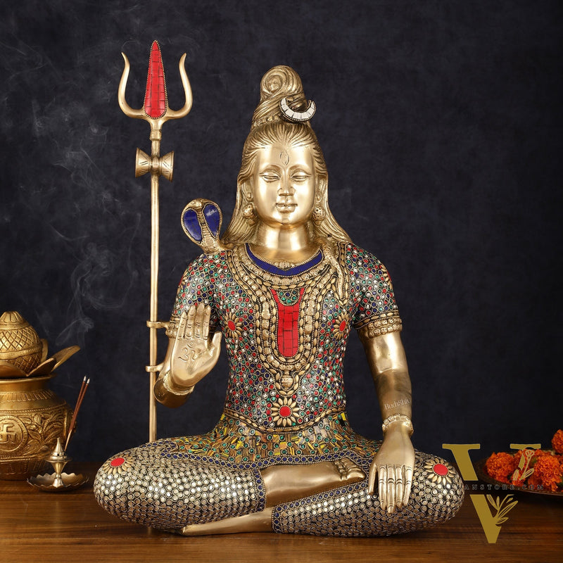Handcrafted Brass Lord Shiva Statue with Stonework - 20 Inches