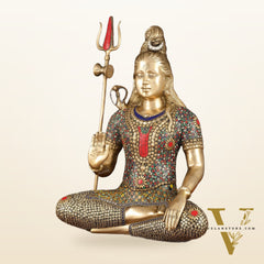 Handcrafted Brass Lord Shiva Statue with Stonework - 20 Inches