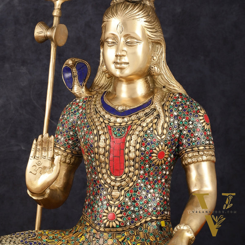 Handcrafted Brass Lord Shiva Statue with Stonework - 20 Inches
