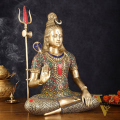 Handcrafted Brass Lord Shiva Statue with Stonework - 20 Inches
