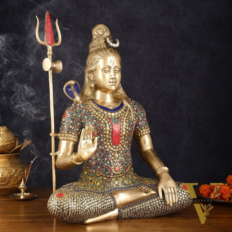 Handcrafted Brass Lord Shiva Statue with Stonework - 20 Inches