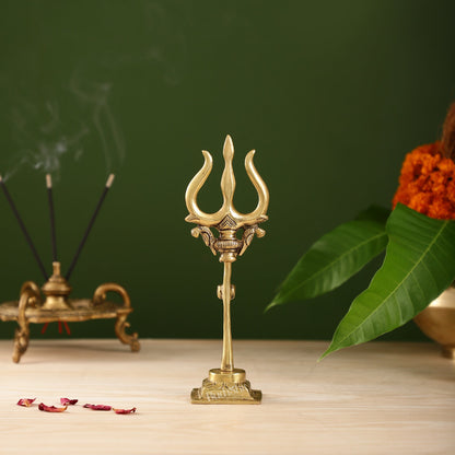 Handcrafted Brass Lord Shiva Trishul with Damru - Perfect for Small Temples