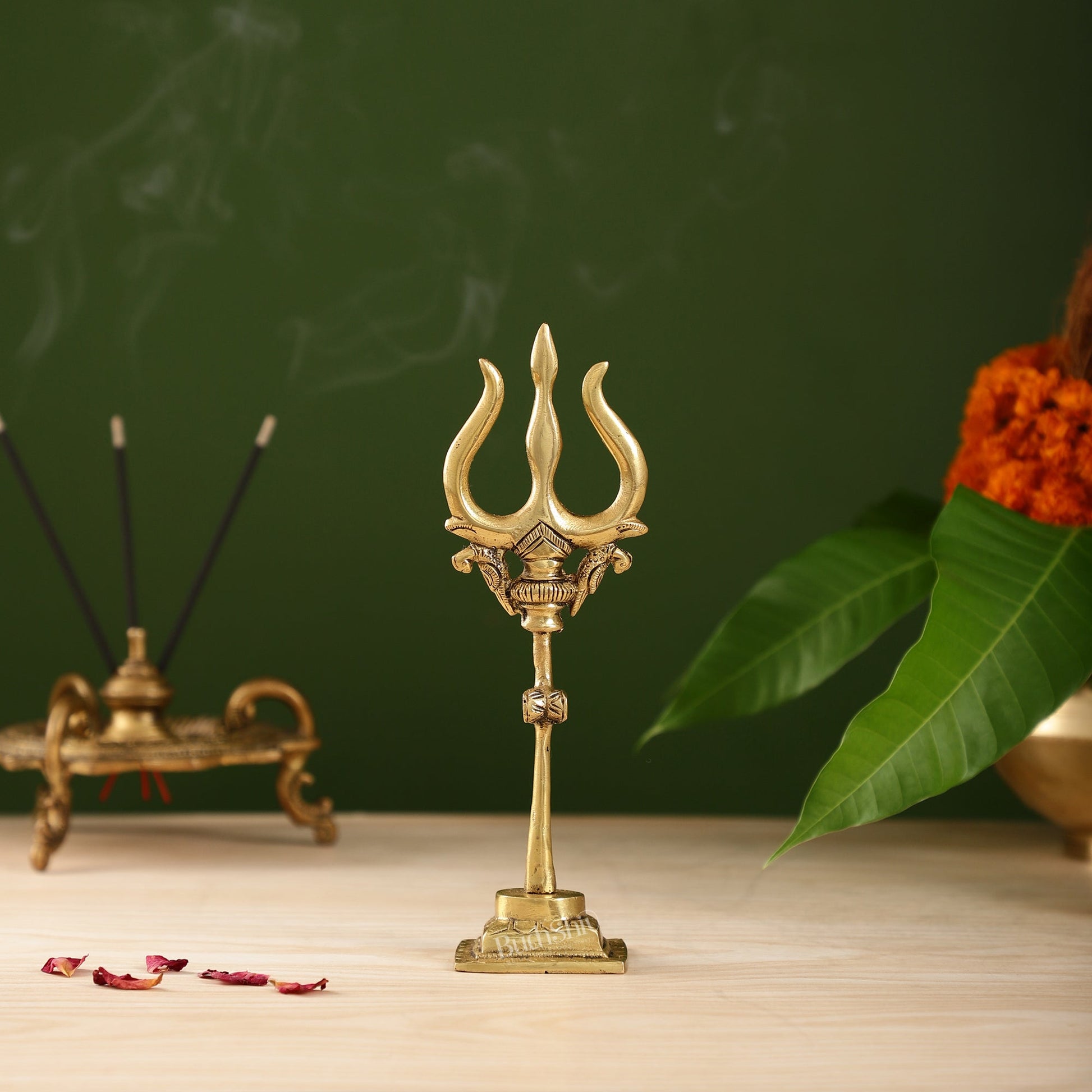 Handcrafted Brass Lord Shiva Trishul with Damru - Perfect for Small Temples