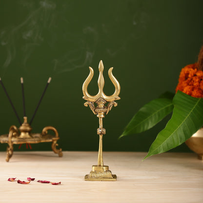 Handcrafted Brass Lord Shiva Trishul with Damru - Perfect for Small Temples
