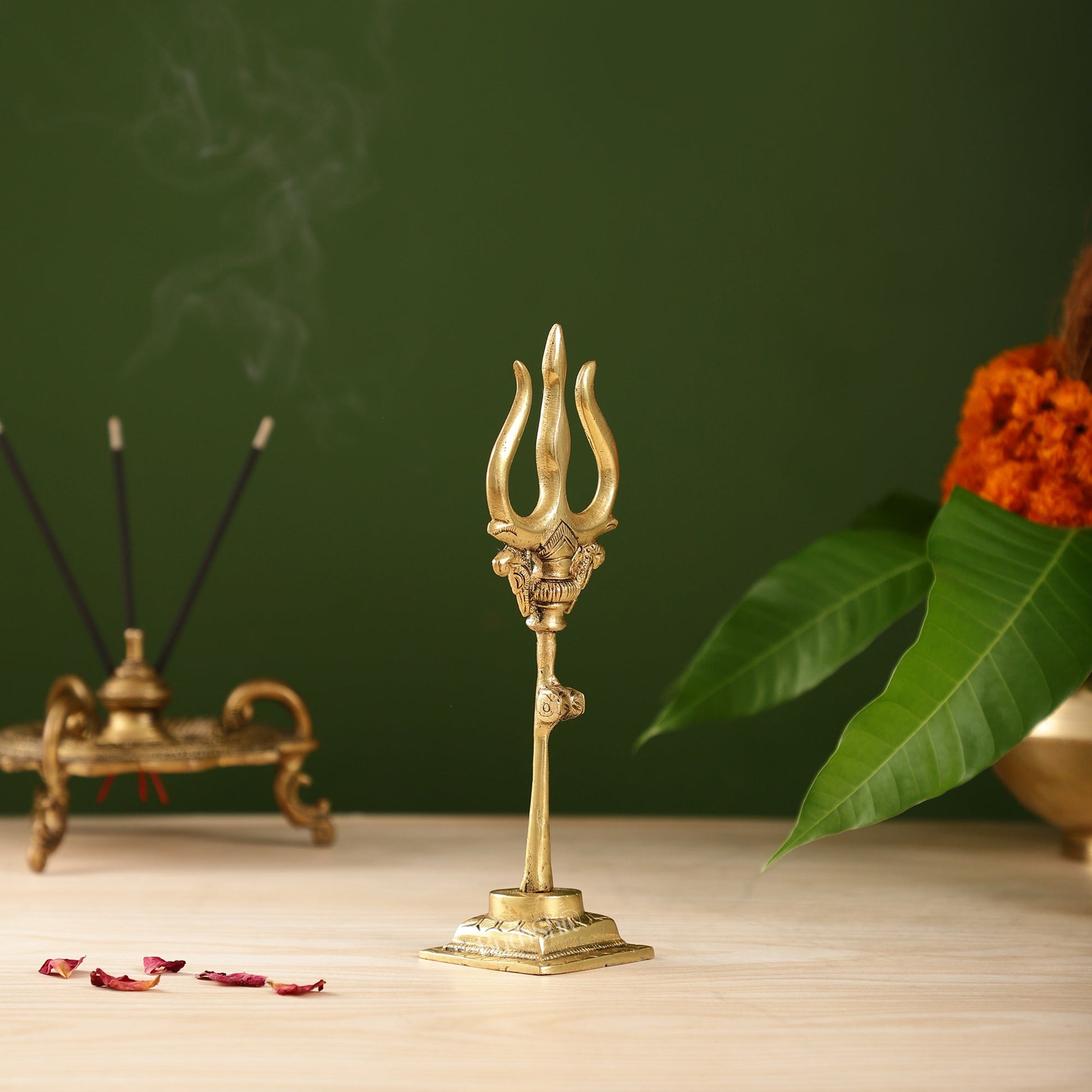 Handcrafted Brass Lord Shiva Trishul with Damru - Perfect for Small Temples