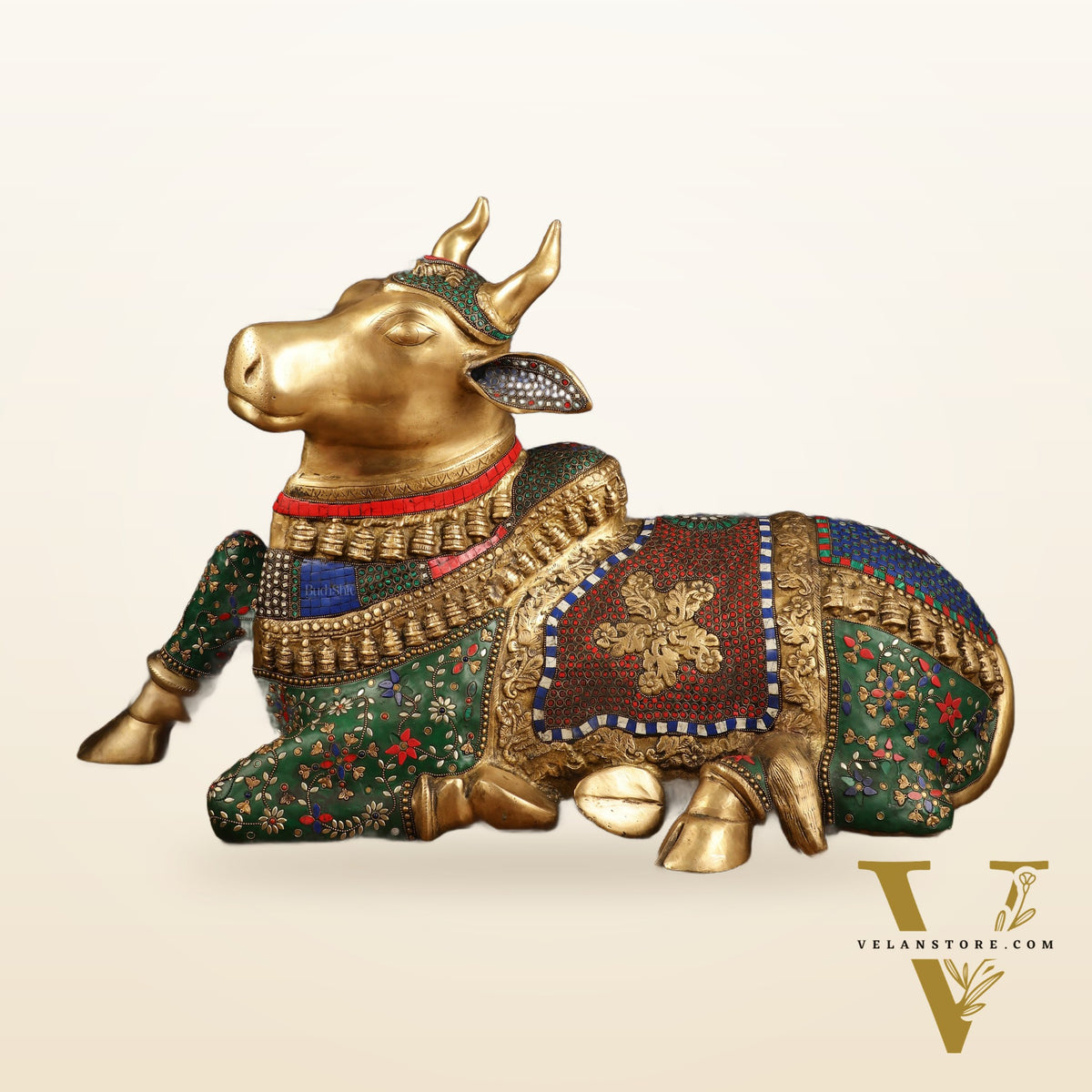 Handcrafted Brass Nandi Bull Statue with Stonework | 21x35x15 Inch