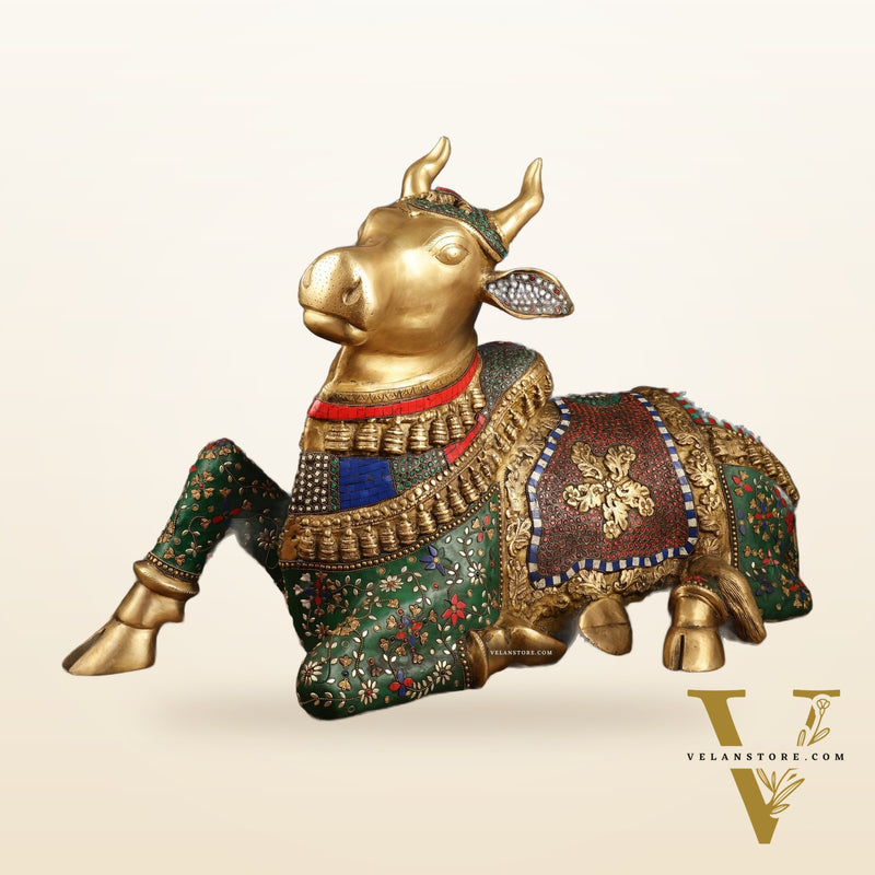 Handcrafted Brass Nandi Bull Statue with Stonework | 21x35x15 Inch