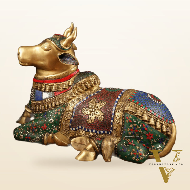 Handcrafted Brass Nandi Bull Statue with Stonework | 21x35x15 Inch
