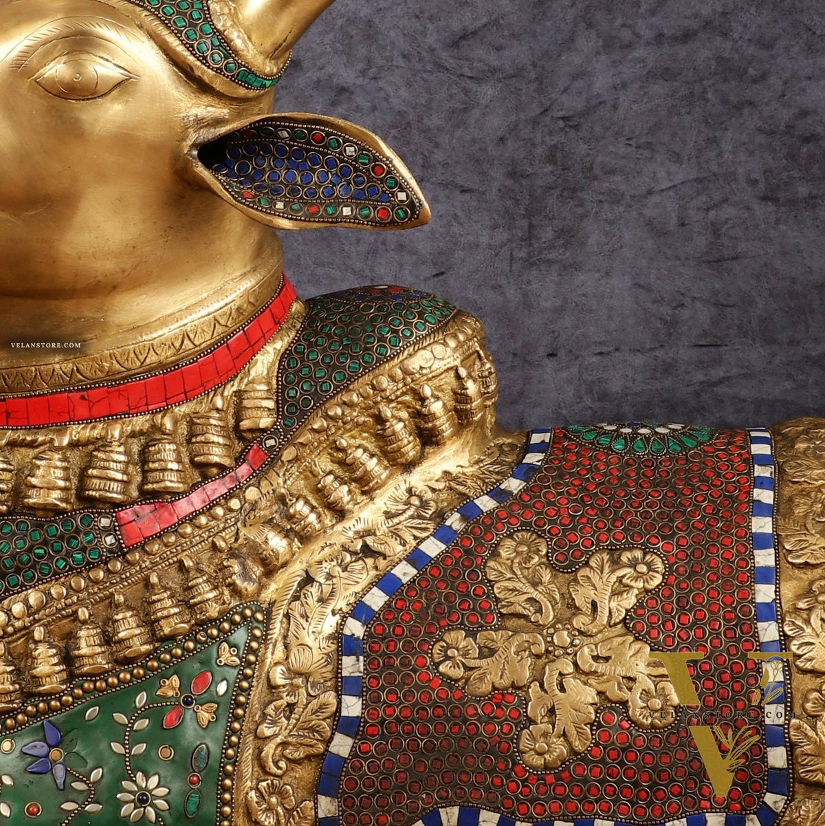Handcrafted Brass Nandi Bull Statue with Stonework | 21x35x15 Inch