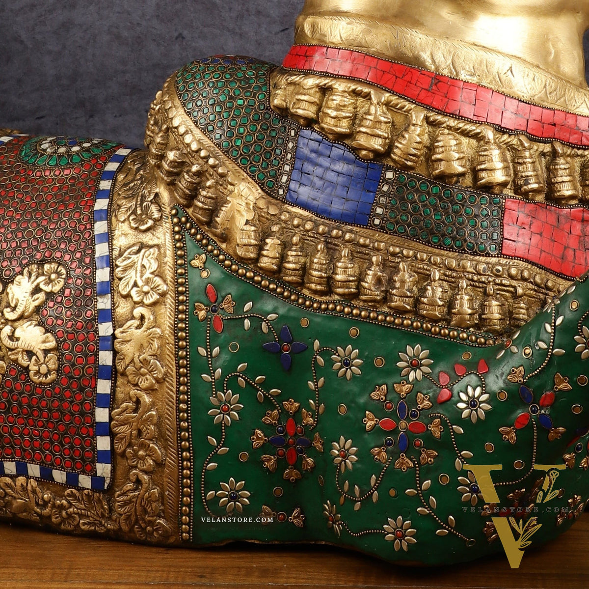 Handcrafted Brass Nandi Bull Statue with Stonework | 21x35x15 Inch