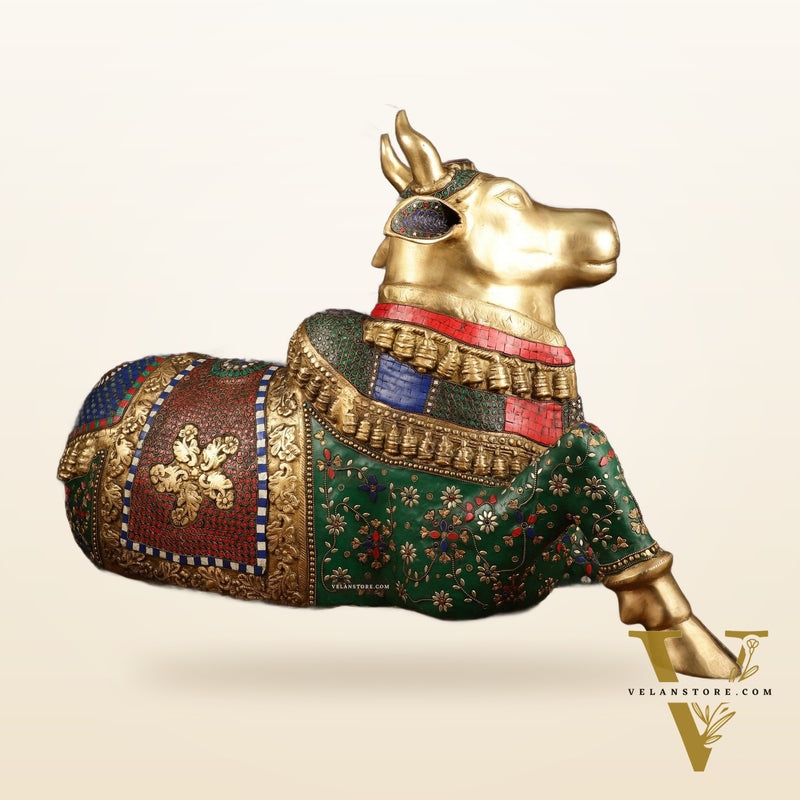 Handcrafted Brass Nandi Bull Statue with Stonework | 21x35x15 Inch