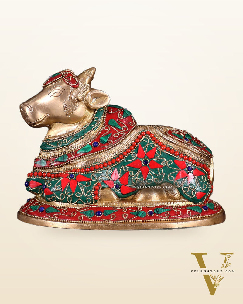 Handcrafted Brass Nandi idol Floral stonework 8"
