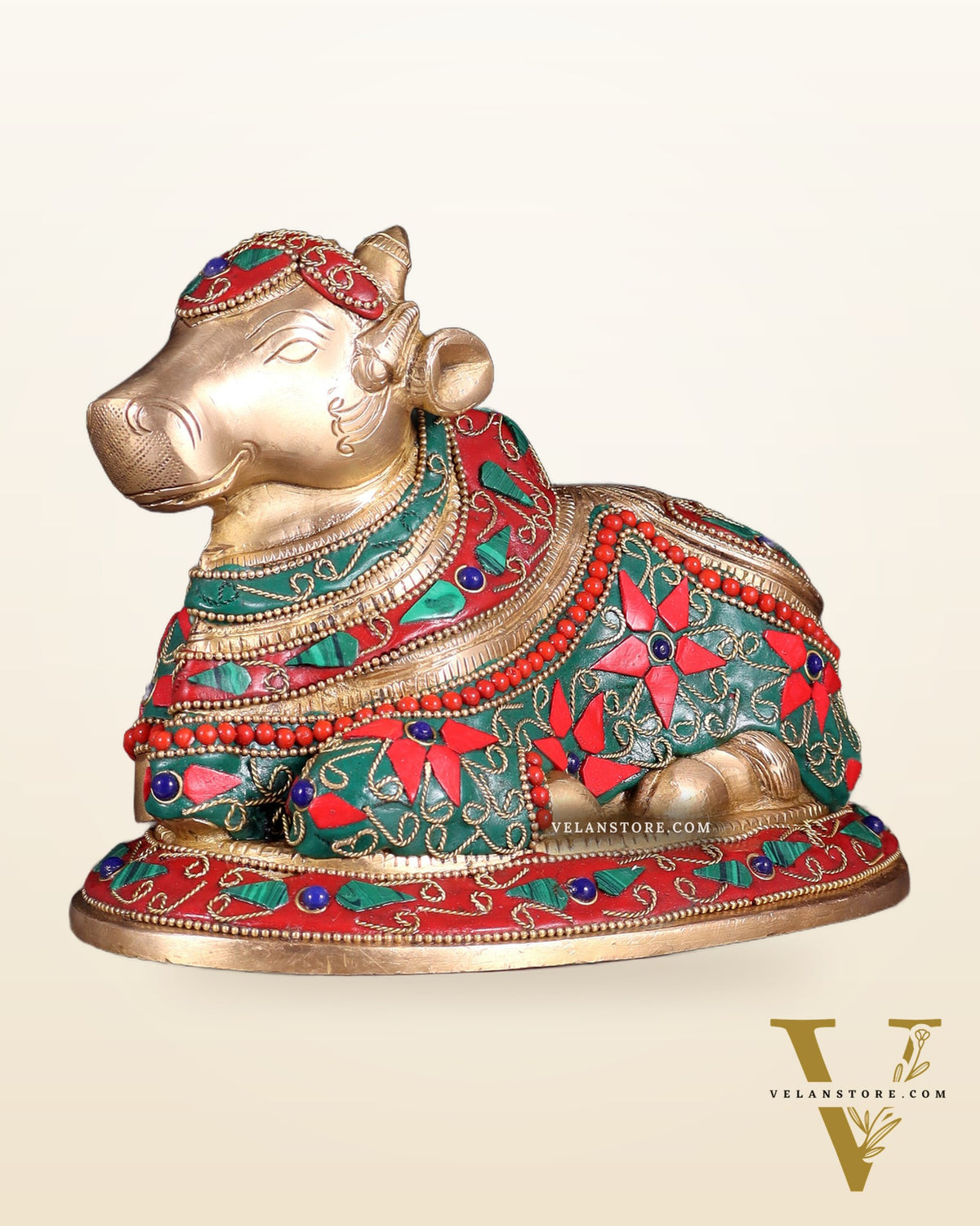 Handcrafted Brass Nandi idol Floral stonework 8"