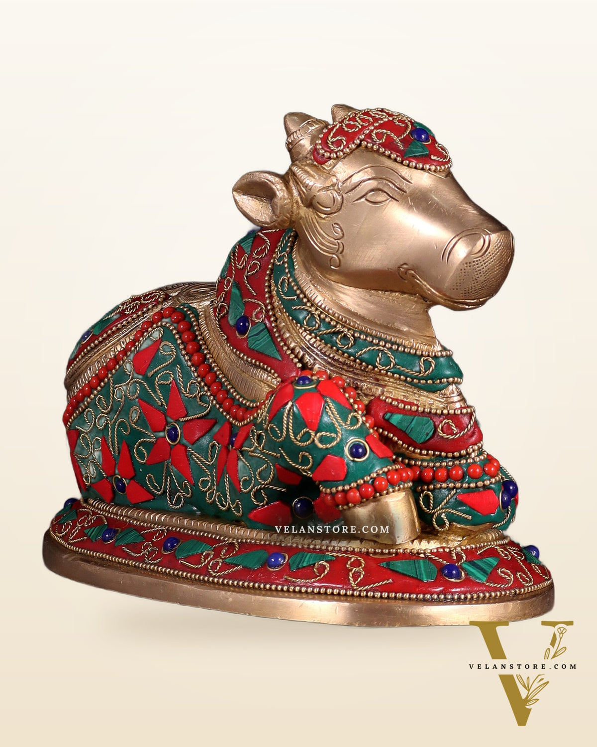 Handcrafted Brass Nandi idol Floral stonework 8"