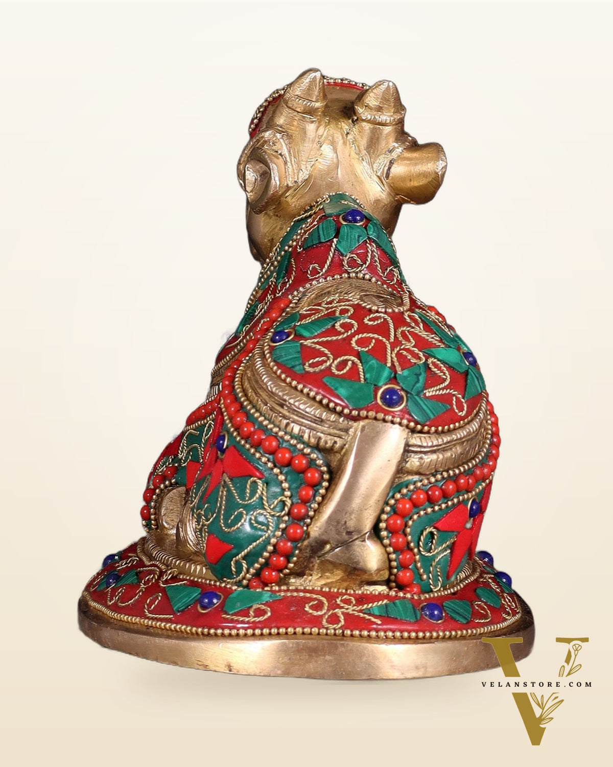 Handcrafted Brass Nandi idol Floral stonework 8"