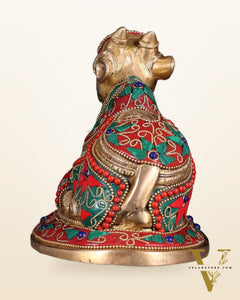 Handcrafted Brass Nandi idol Floral stonework 8"