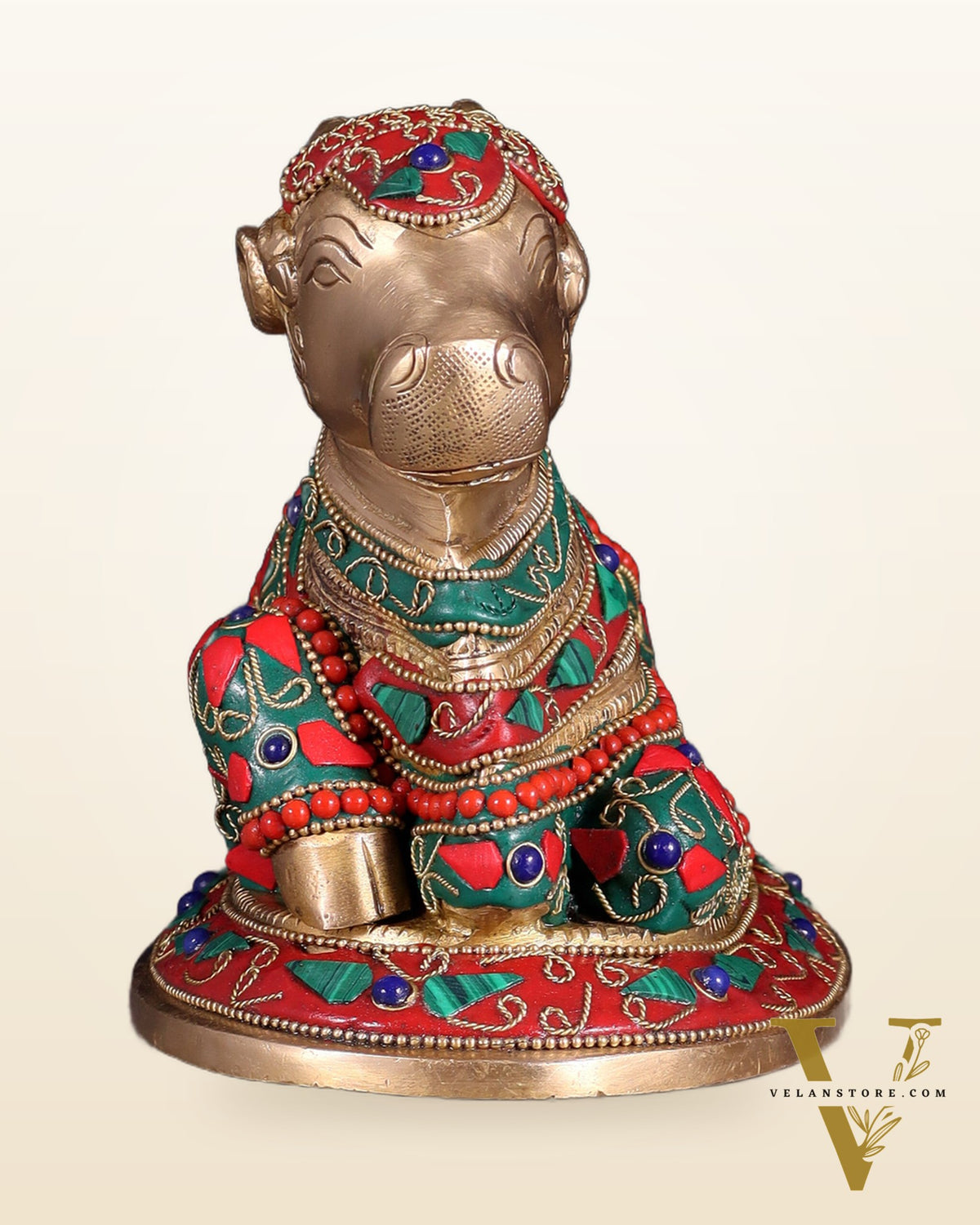Handcrafted Brass Nandi idol Floral stonework 8"
