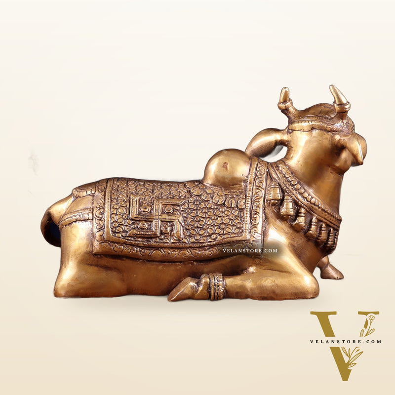 Handcrafted Brass Nandi Statue - 13.5 inch burnt brass tone