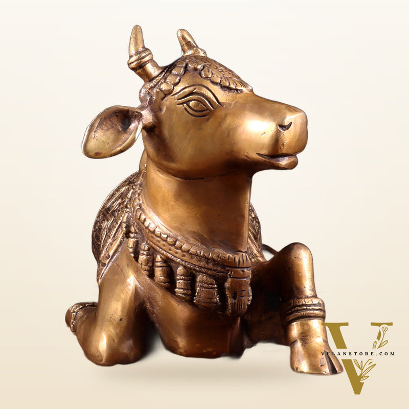 Handcrafted Brass Nandi Statue - 13.5 inch burnt brass tone