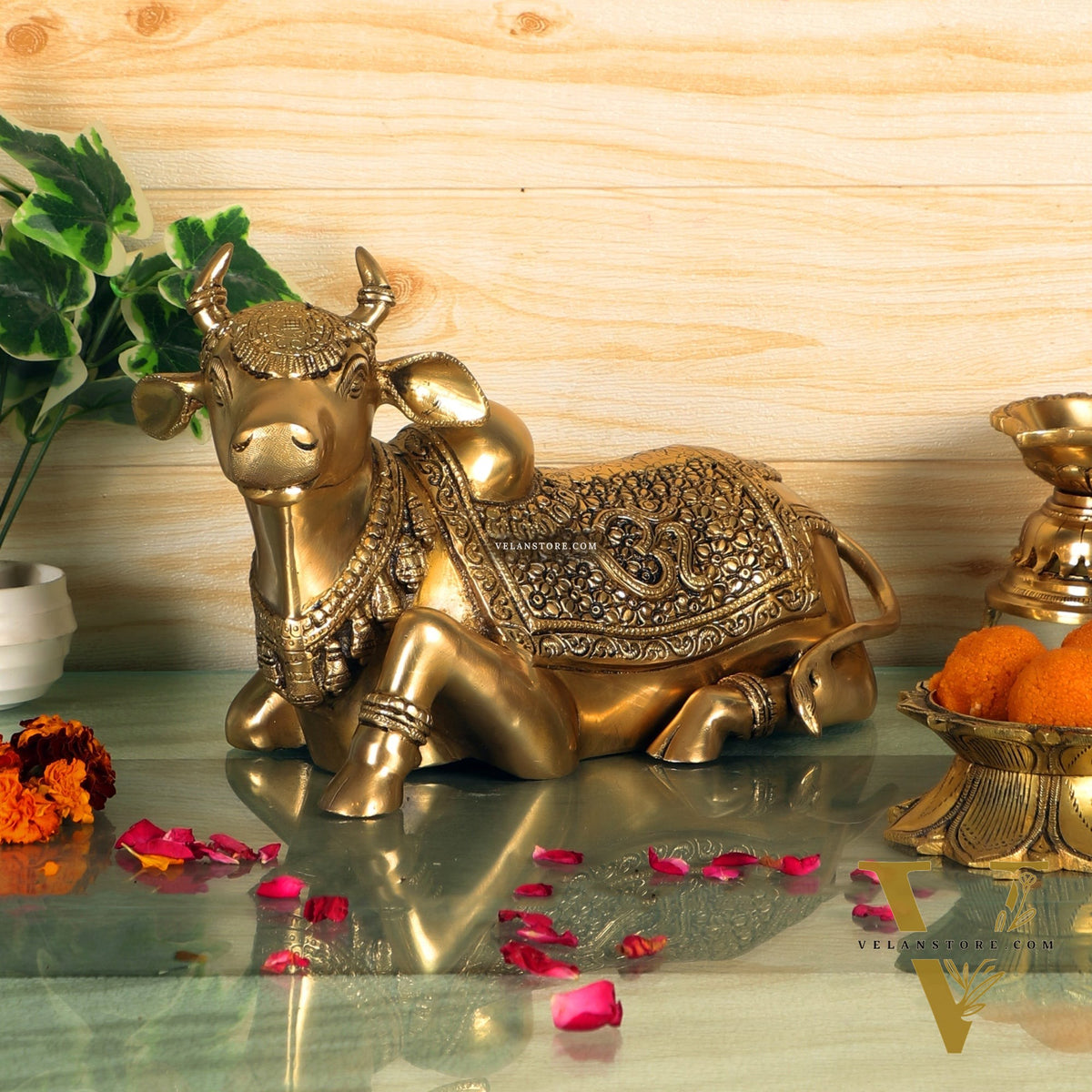 Handcrafted Brass Nandi Statue - 13.5 inch wide