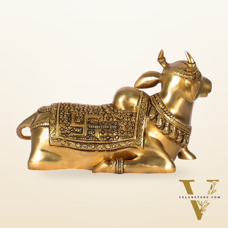 Handcrafted Brass Nandi Statue - 13.5 inch wide
