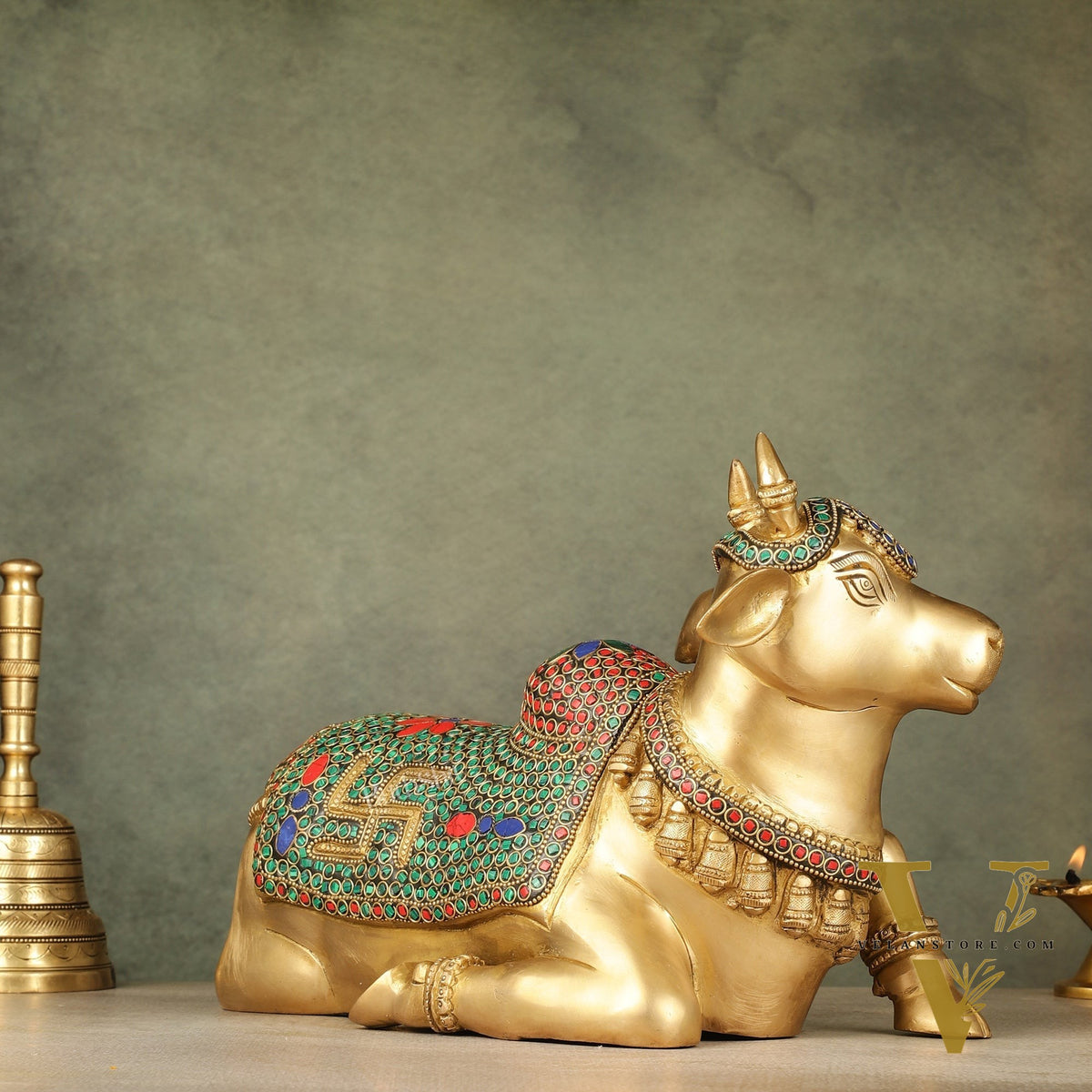 Handcrafted Brass Nandi Statue - 13.5 inch wide