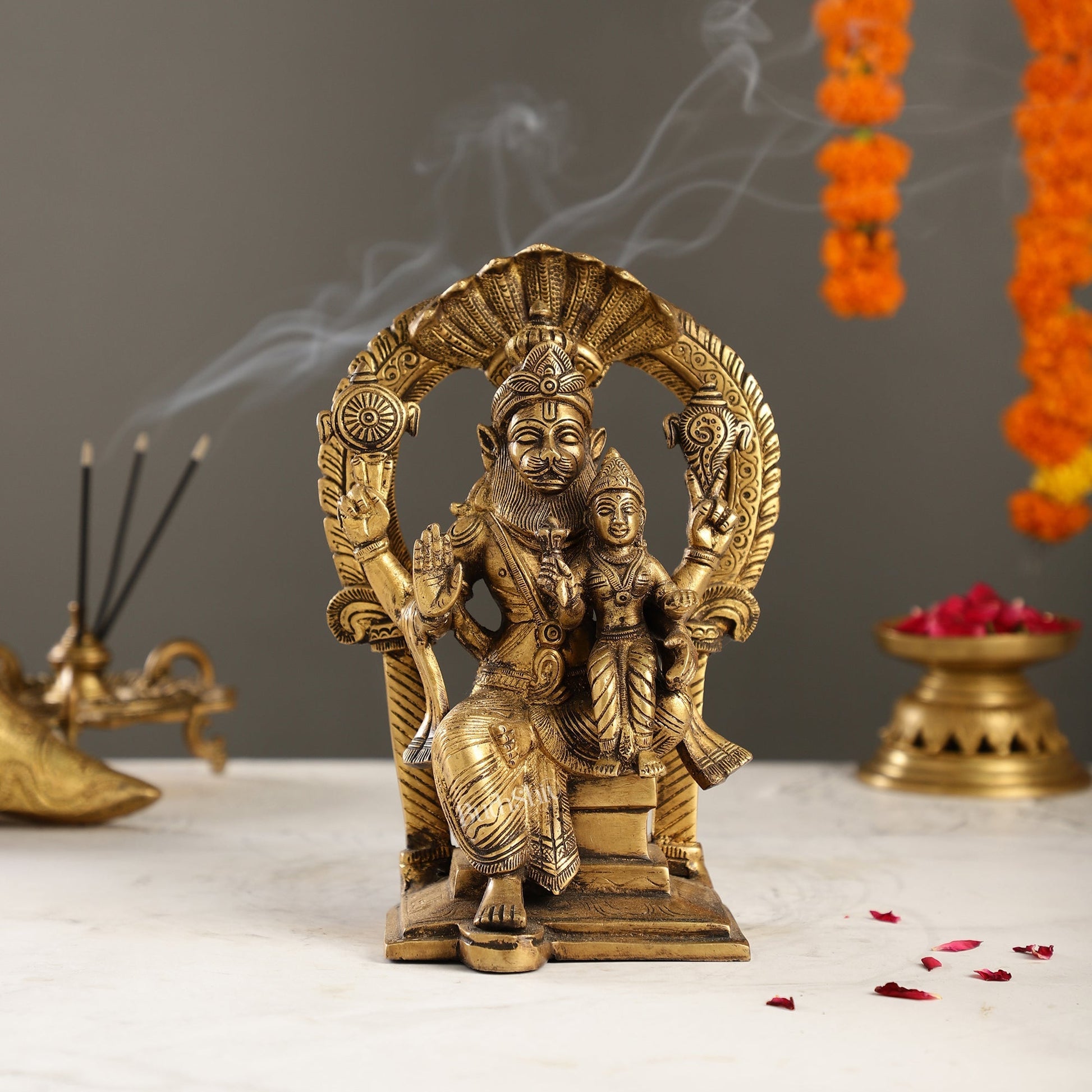 Handcrafted Brass Narsimha Lakshmi Statue with Antique Burnt Brass Finish | 8" Height