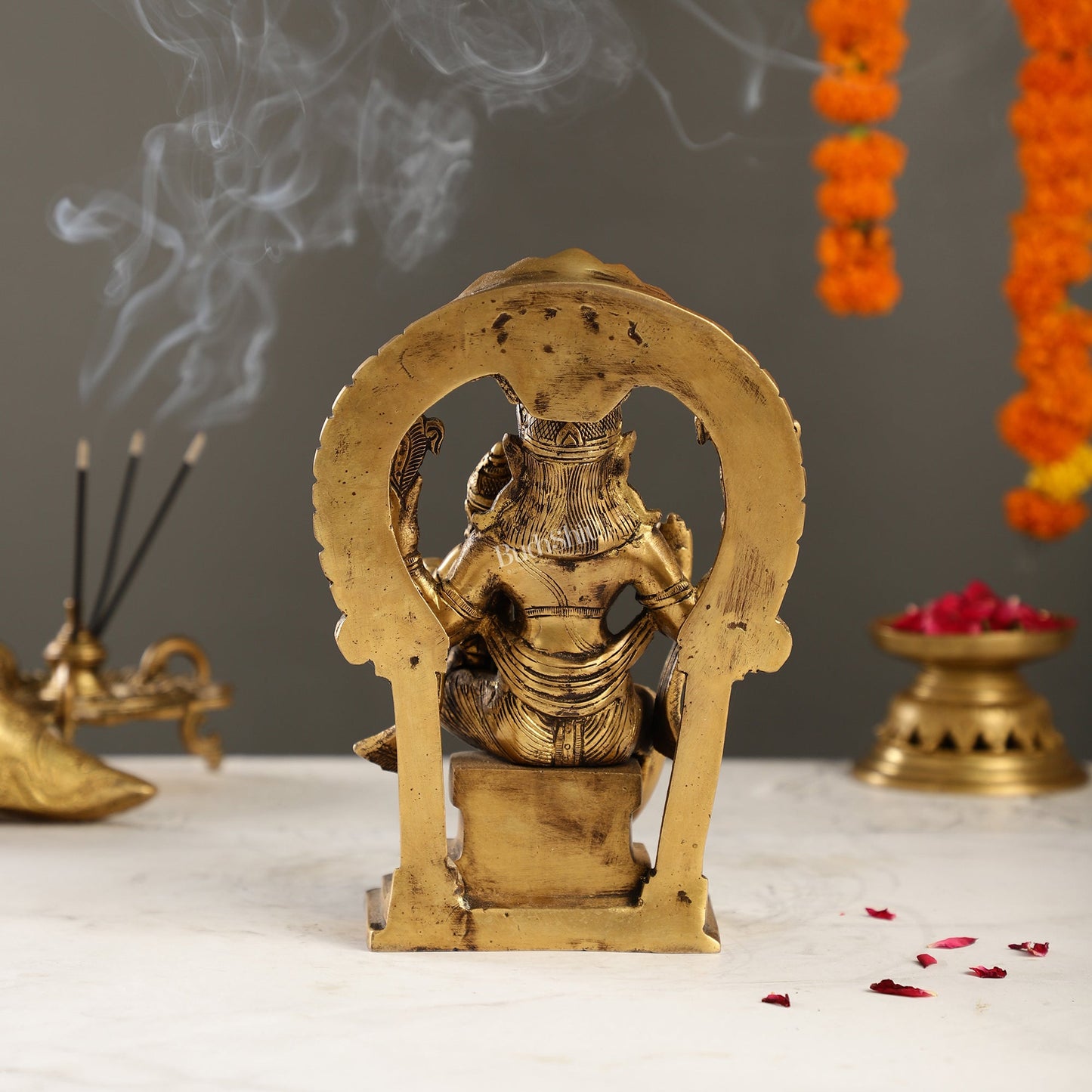 Handcrafted Brass Narsimha Lakshmi Statue with Antique Burnt Brass Finish | 8" Height