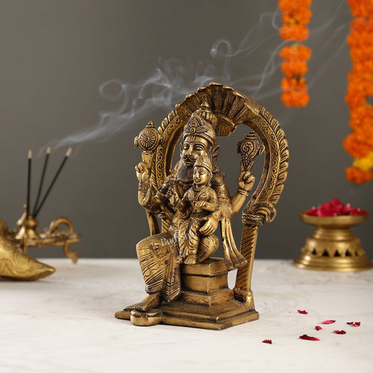 Handcrafted Brass Narsimha Lakshmi Statue with Antique Burnt Brass Finish | 8" Height