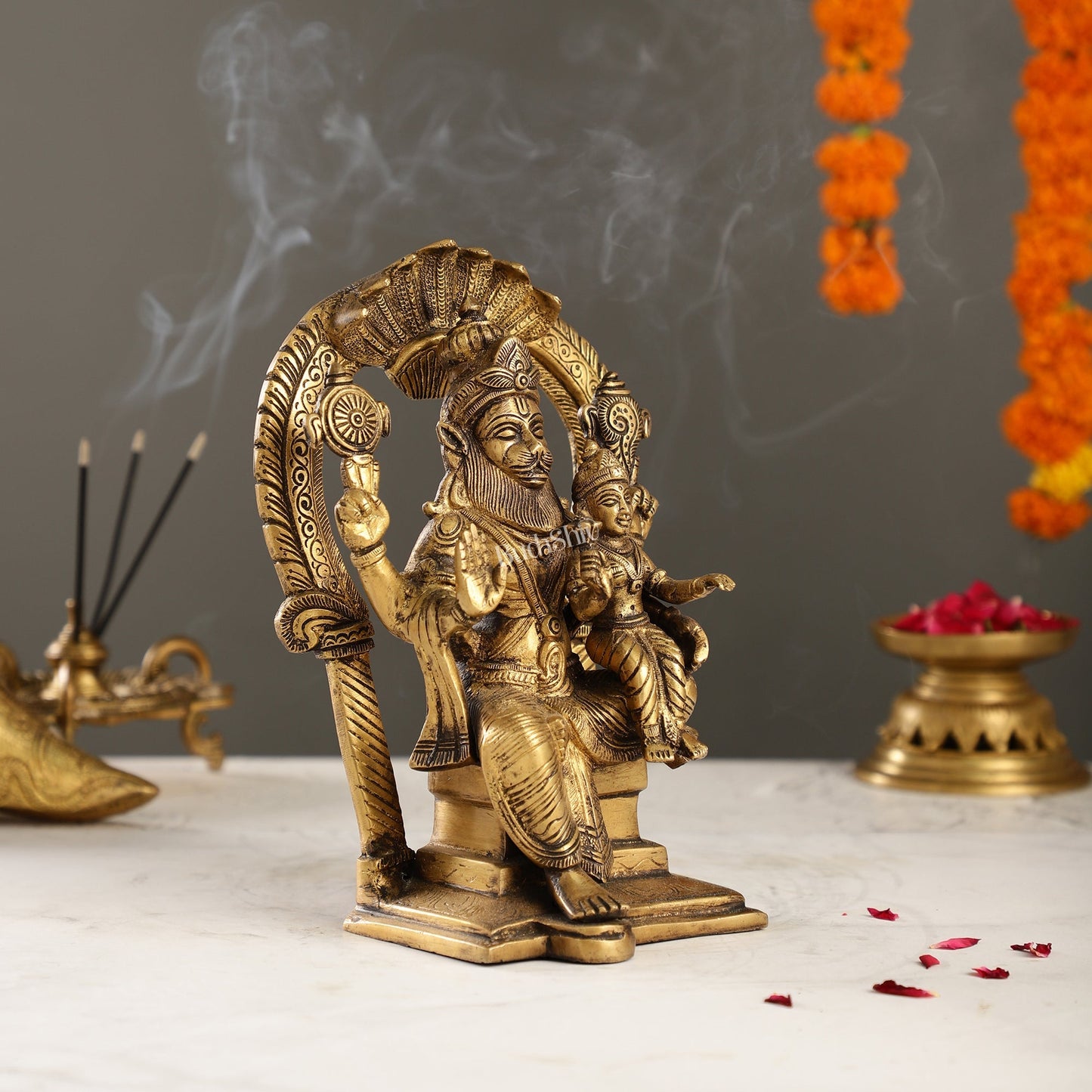 Handcrafted Brass Narsimha Lakshmi Statue with Antique Burnt Brass Finish | 8" Height