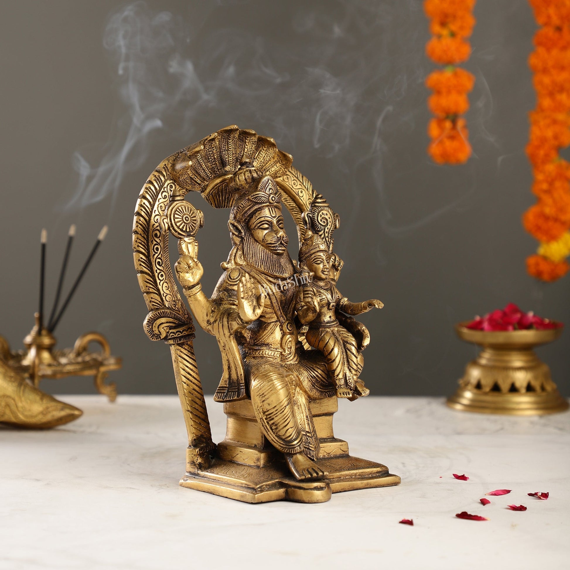 Handcrafted Brass Narsimha Lakshmi Statue with Antique Burnt Brass Finish | 8" Height