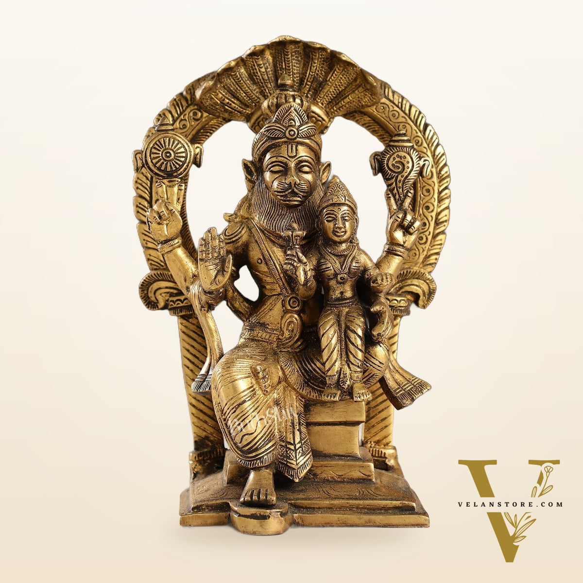 Handcrafted Brass Narsimha Lakshmi Statue with Antique Burnt Brass Finish | 8" Height