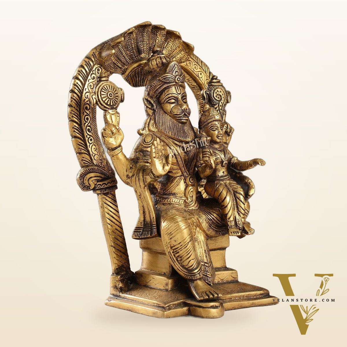 Handcrafted Brass Narsimha Lakshmi Statue with Antique Burnt Brass Finish | 8" Height