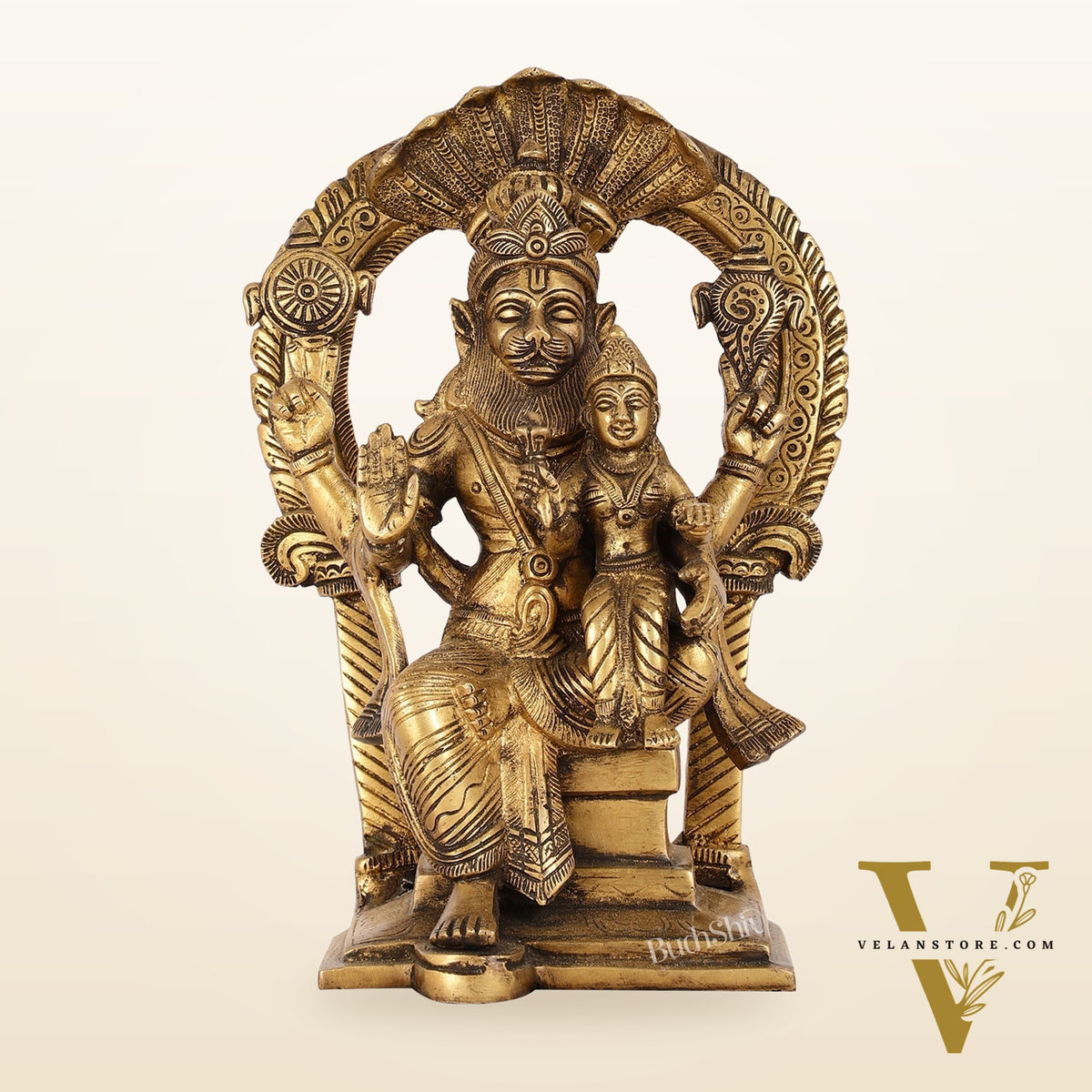 Handcrafted Brass Narsimha Lakshmi Statue with Antique Burnt Brass Finish | 8" Height