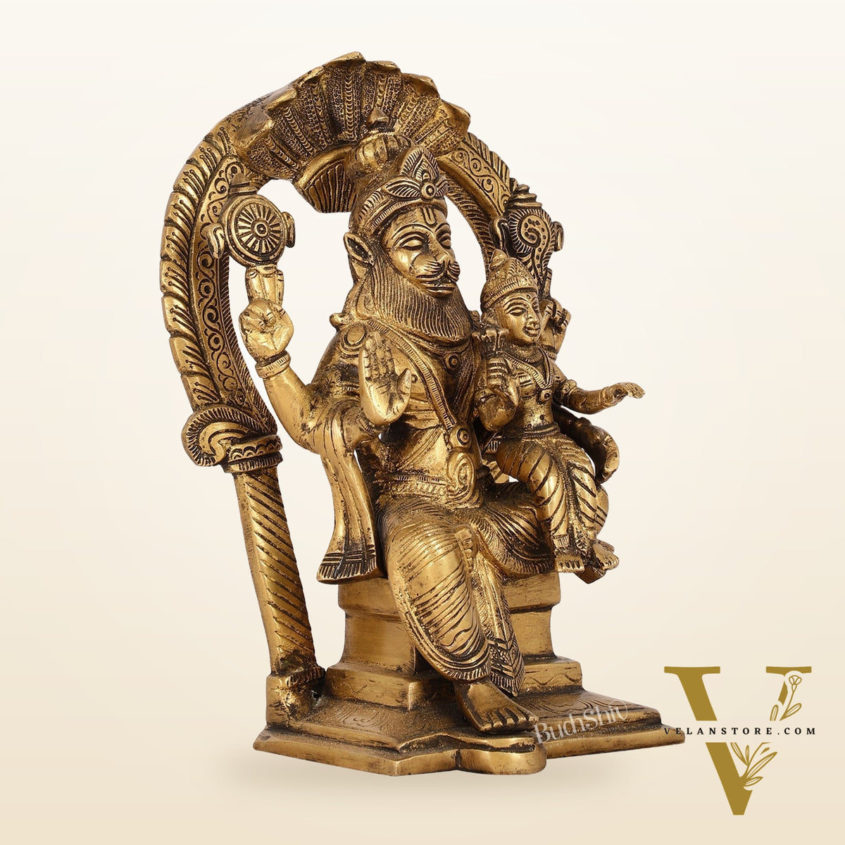 Handcrafted Brass Narsimha Lakshmi Statue with Antique Burnt Brass Finish | 8" Height