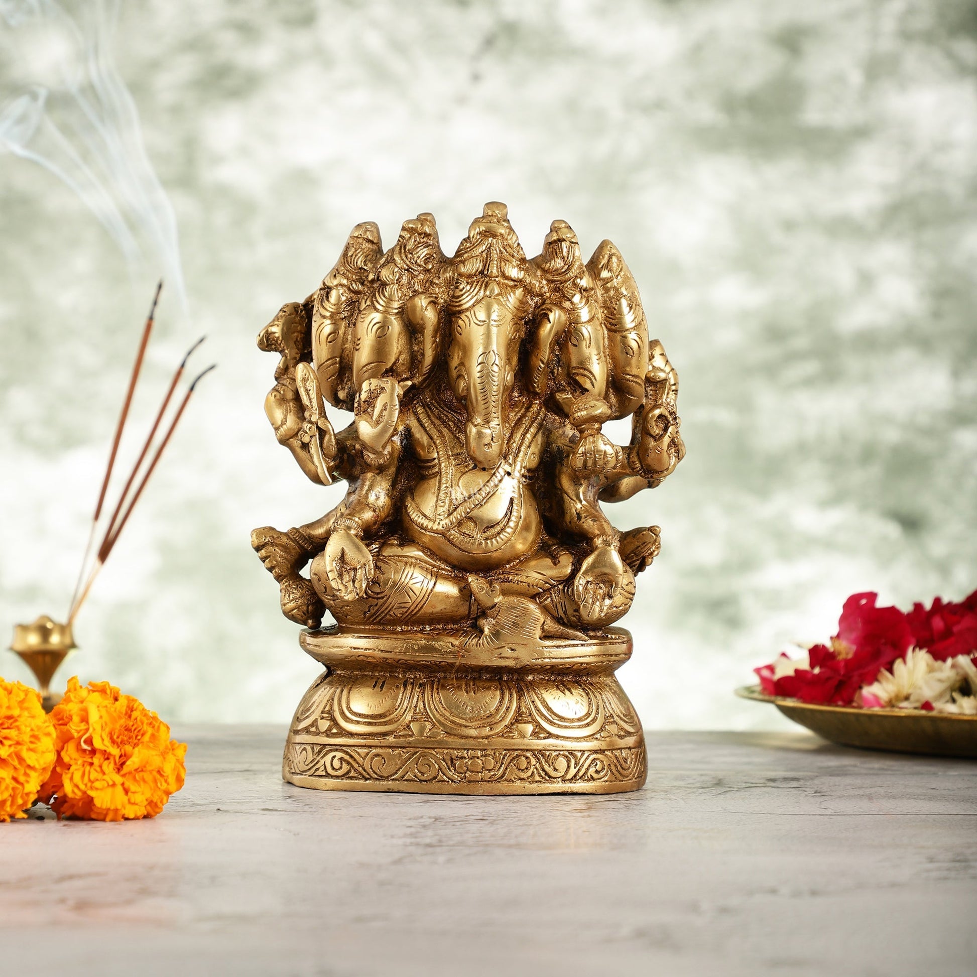 Handcrafted Brass Panchmukhi Ganesha Idol - 8 Inch