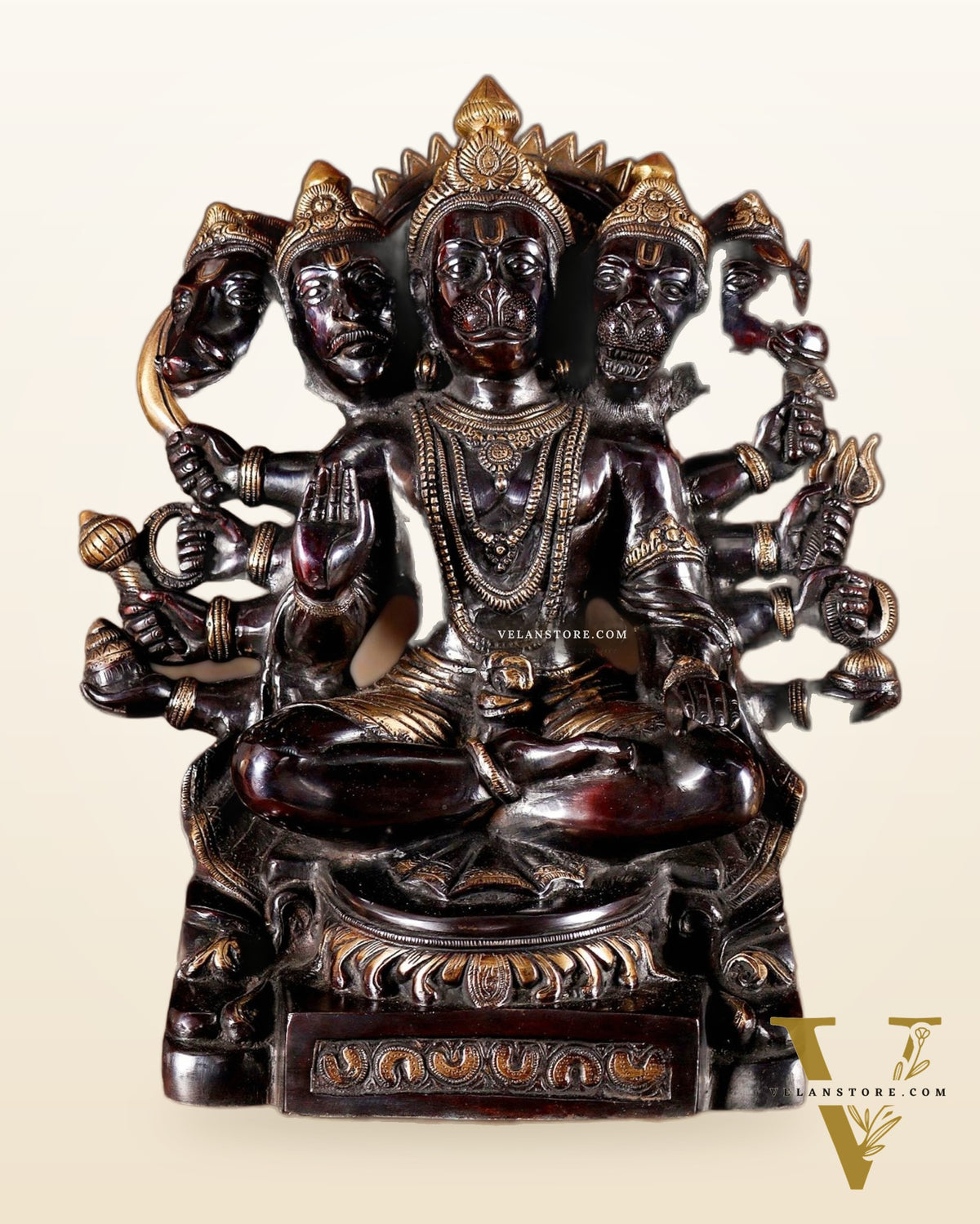 Handcrafted Brass Panchmukhi Hanuman Idol - Dual Tone black Gold - 17"
