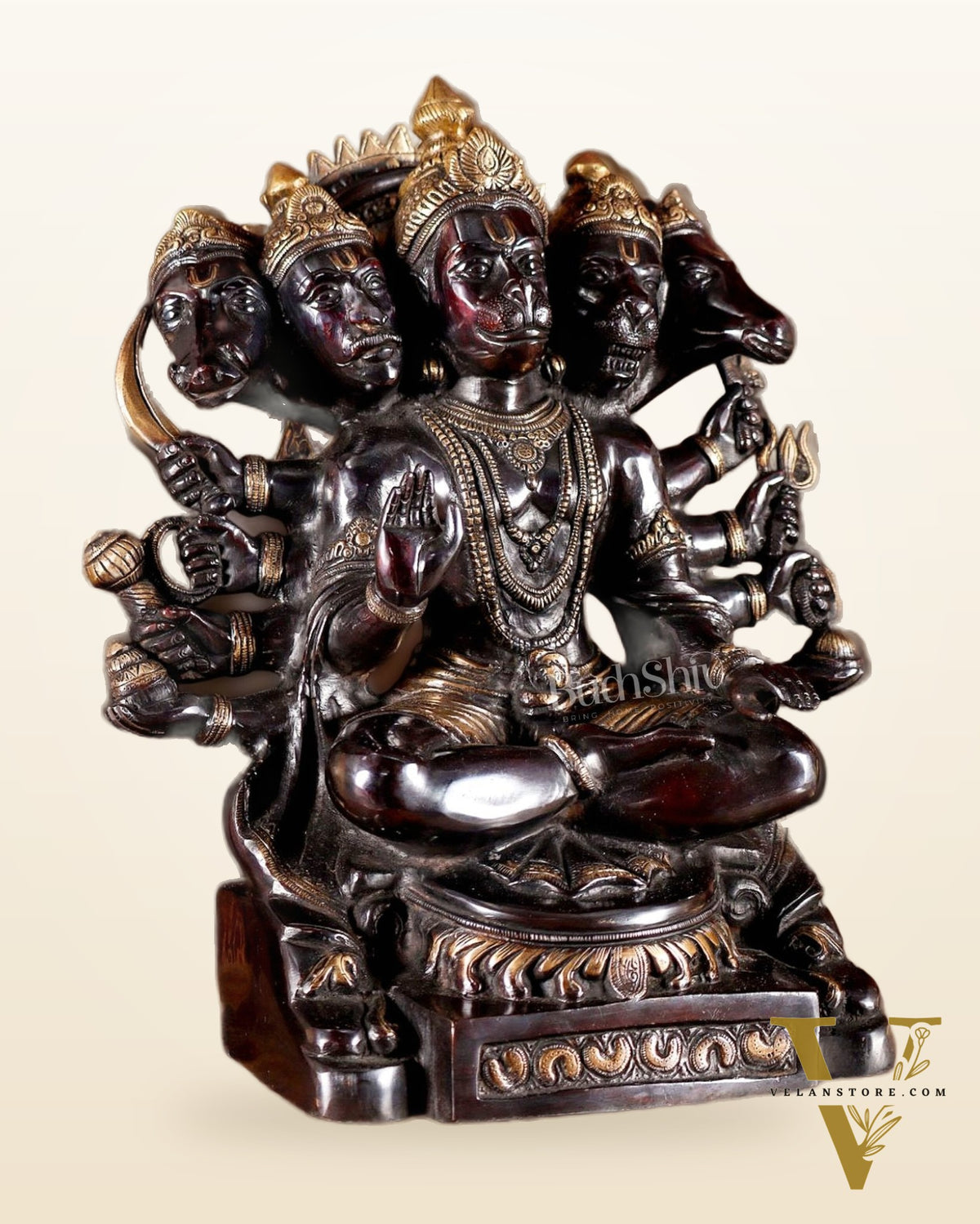 Handcrafted Brass Panchmukhi Hanuman Idol - Dual Tone black Gold - 17"