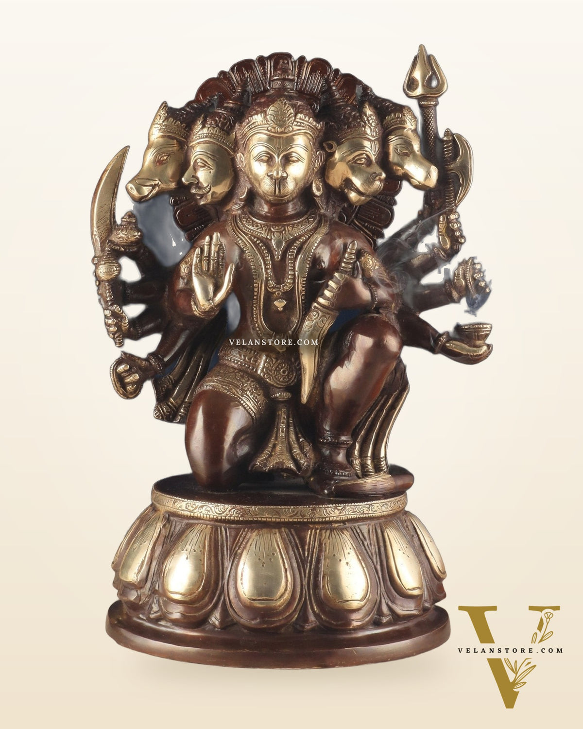 Handcrafted Brass Panchmukhi Hanuman Idol – Dual Tone Chola Finish, 13.5"