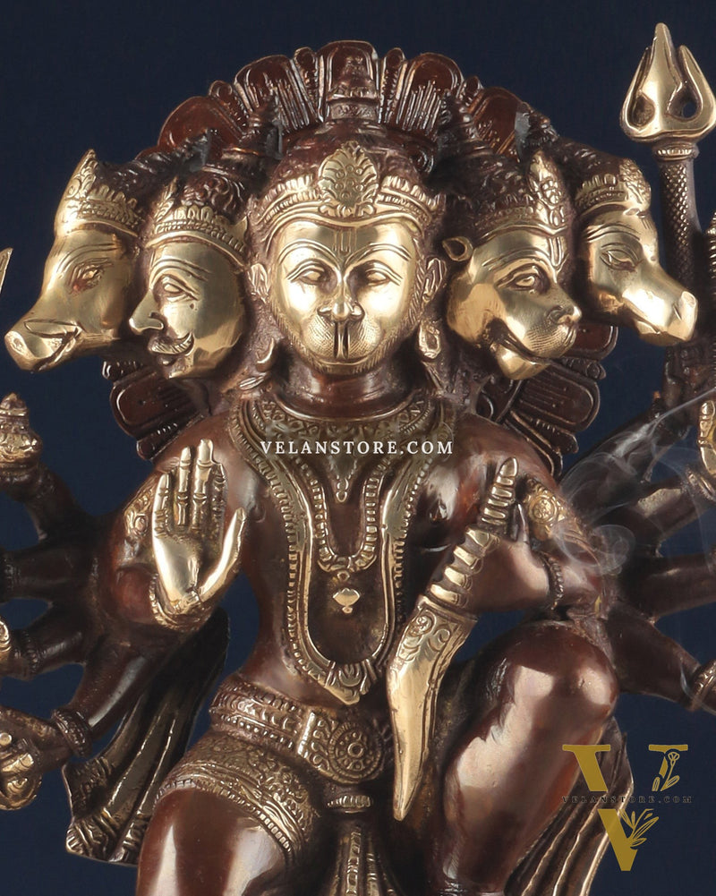 Handcrafted Brass Panchmukhi Hanuman Idol – Dual Tone Chola Finish, 13.5"