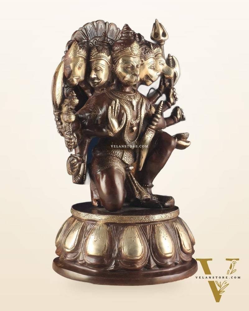 Handcrafted Brass Panchmukhi Hanuman Idol – Dual Tone Chola Finish, 13.5"