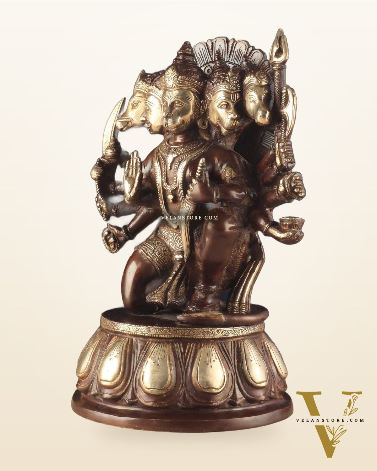 Handcrafted Brass Panchmukhi Hanuman Idol – Dual Tone Chola Finish, 13.5"