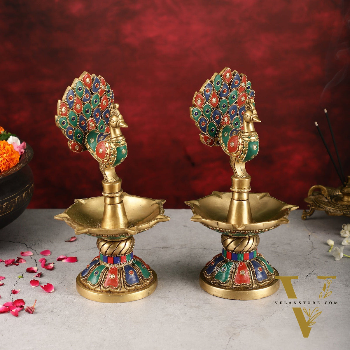 Handcrafted Brass peacock Diya - 11 inch pair