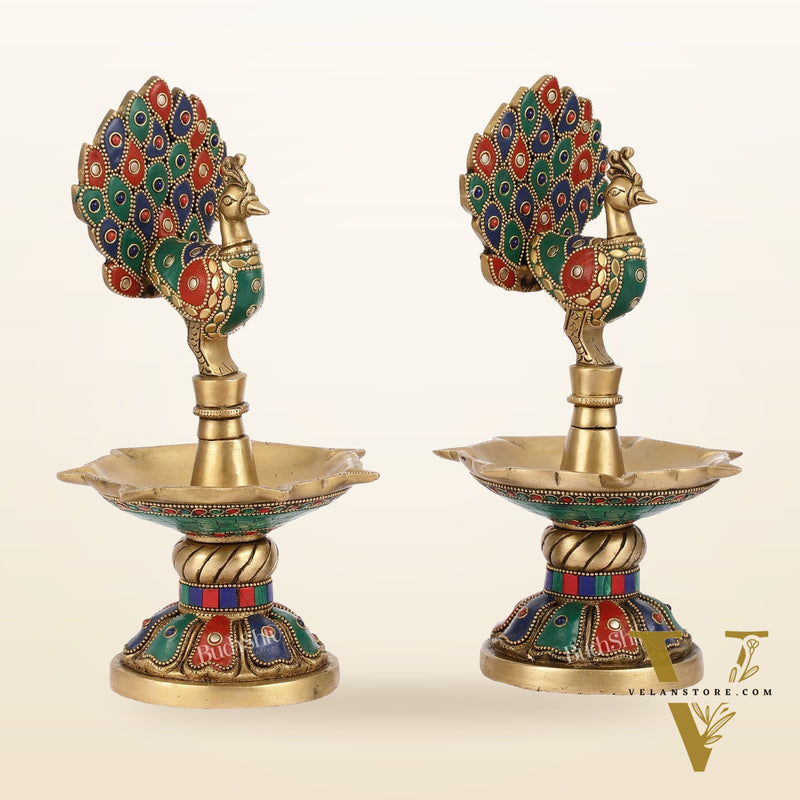 Handcrafted Brass peacock Diya - 11 inch pair