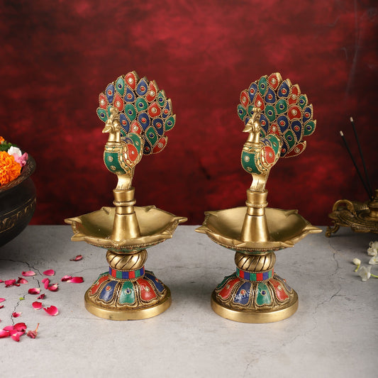 Handcrafted Brass peacock Diya - 11 inch pair