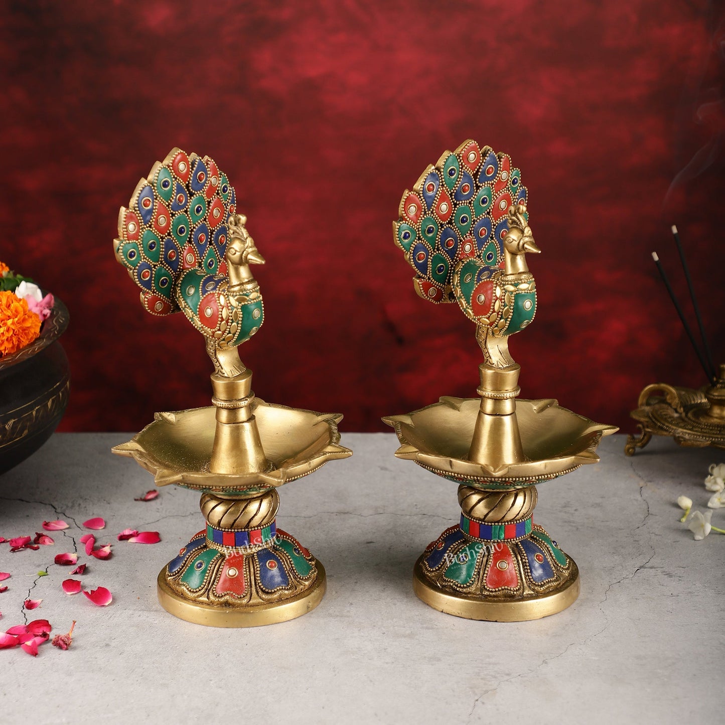 Handcrafted Brass peacock Diya - 11 inch pair