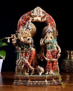 Handcrafted Brass Radha Krishna Idol - Ecstatic Posture 14 inch with stonework