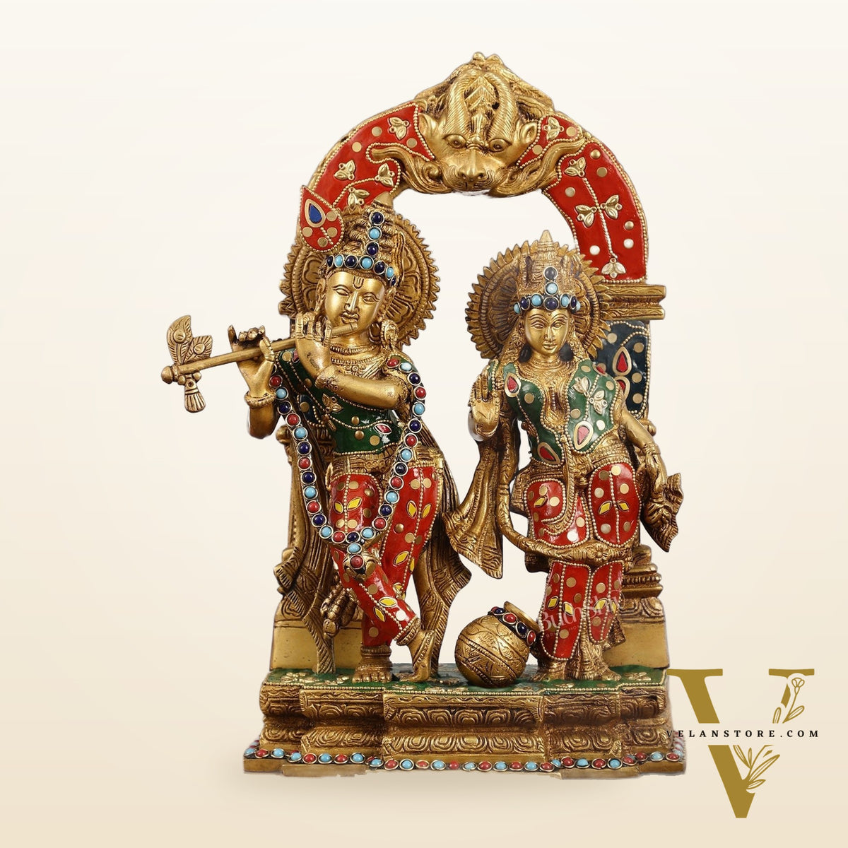 Handcrafted Brass Radha Krishna Idol - Ecstatic Posture 14 inch with stonework